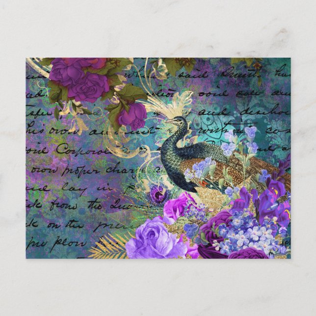 Postal Antiguo Pavón Ilustrado y Flores Grunge (Anverso)