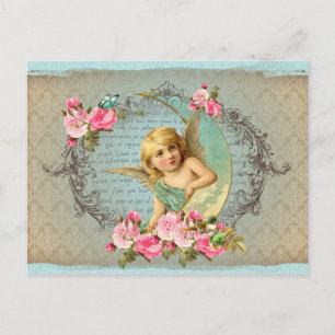 Postal Antiguo rosa rosa azul vintage de Ángel victoriano
