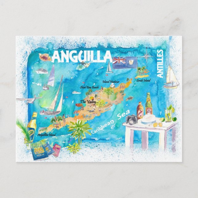 Postal Antillas Anguilas Ilustración Mapa de Viajes del C (Anverso)