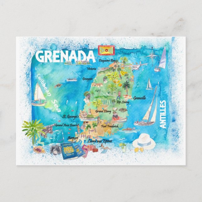 Postal Antillas de Granada Mapa ilustrado de viajes carib (Anverso)