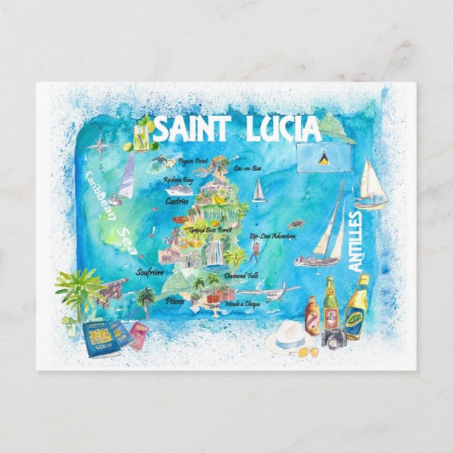 Postal Antillas de Santa Lucía Ilustración Mapa de Viajes (Anverso)