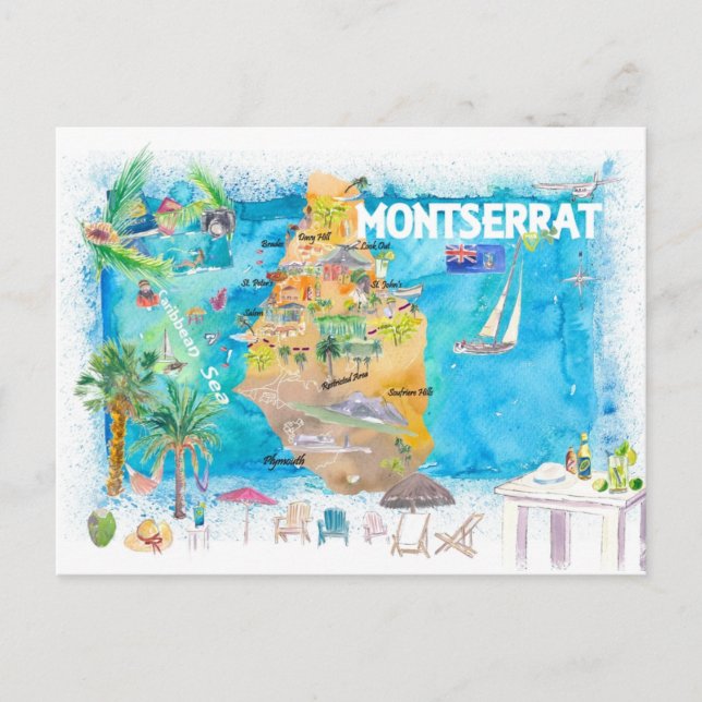 Postal Antillas Montserrat Ilustrado Viaje al Caribe (Anverso)