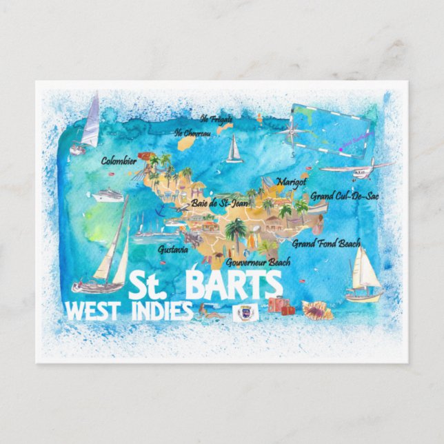 Postal Antillas St Barts Ilustran Mapa del Caribe (Anverso)