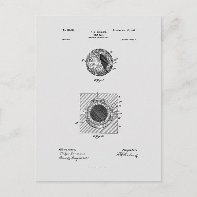 Postal Antique Golf Ball 1902, dibujo de patentes (Anverso)