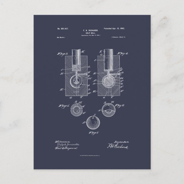 Postal Antique Golf Ball 1902, dibujo de patentes (Anverso)