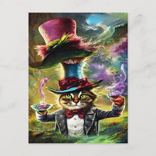 Postal antropomórfico Cat Mad Hatter Fantasy Fairytale (Anverso)