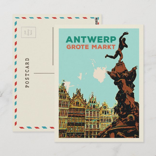 Postal Antwerp Grote Markt ilustracion Bélgica Postcard (Anverso / Reverso)