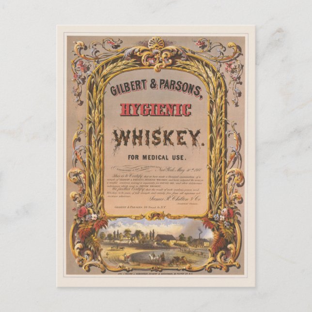 Postal Anuncio antiguo para el whiskey higiénico de Gilbe (Anverso)