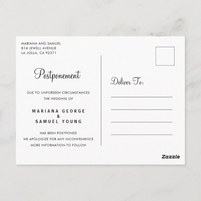 Postal Anuncio de aplazamiento de boda con guión simple (Reverso)