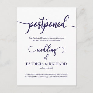 Postal Anuncio de boda pospuesta Navy Blue Script