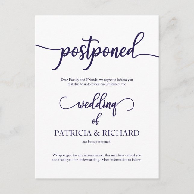 Postal Anuncio de boda pospuesta Navy Blue Script (Anverso)