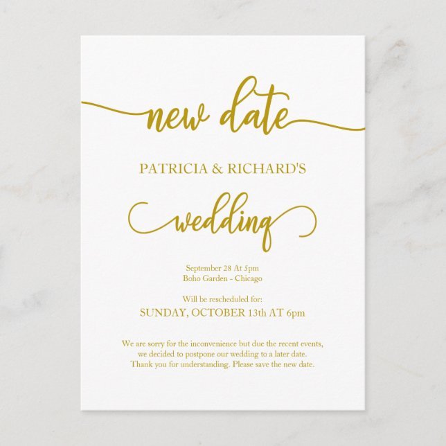 Postal Anuncio de Boda Pospuesta Nueva Fecha Dorado (Anverso)
