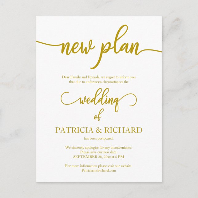Postal Anuncio de Boda Pospuesta Plan Nuevo de Oro (Anverso)