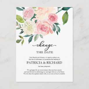 Postal Anuncio de cambio de fecha de boda floral rosado