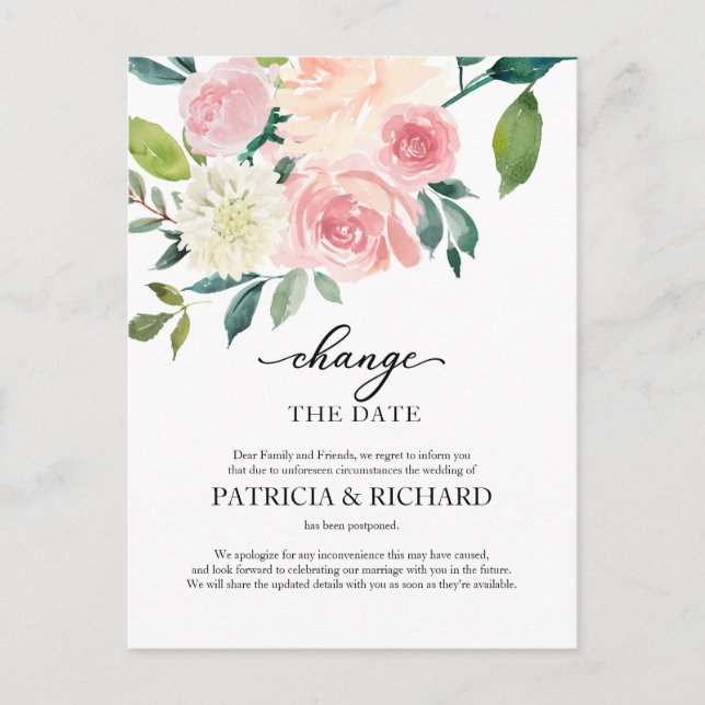 Postal Anuncio de cambio de fecha de boda floral rosado (Anverso)