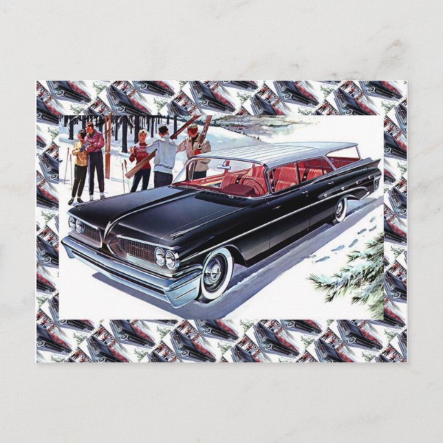 Postal Anuncio de coches de época, Esquí en coche (Anverso)
