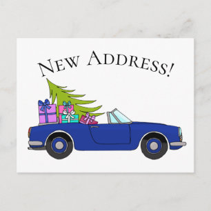 Postal Anuncio de dirección Coche azul con regalos de Nav
