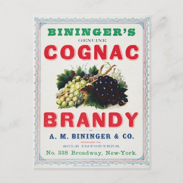 Postal Anuncio de época para Cognac Brandy de Bininger. (Anverso)