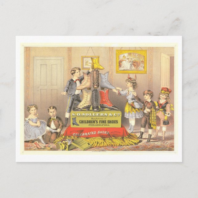 Postal Anuncio de época para zapatos de regalo para niños (Anverso)