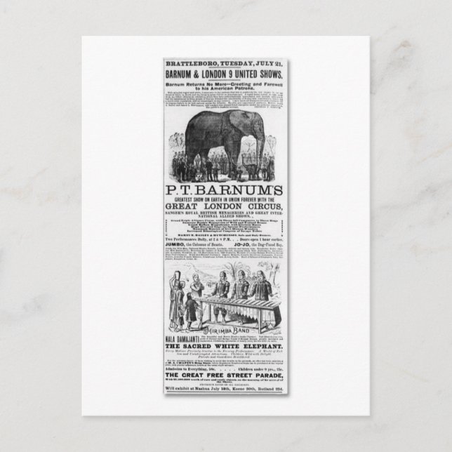 Postal Anuncio de espectáculos conjuntos Barnum y London  (Anverso)