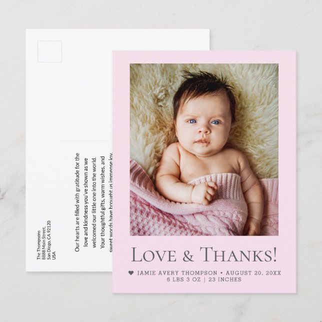 Postal Anuncio de foto de bebé rosa con amor y agradecimi (Anverso / Reverso)