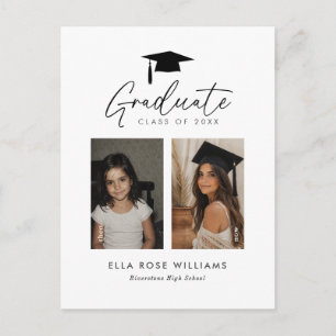 Postal Anuncio de foto de niña de graduación entonces y a