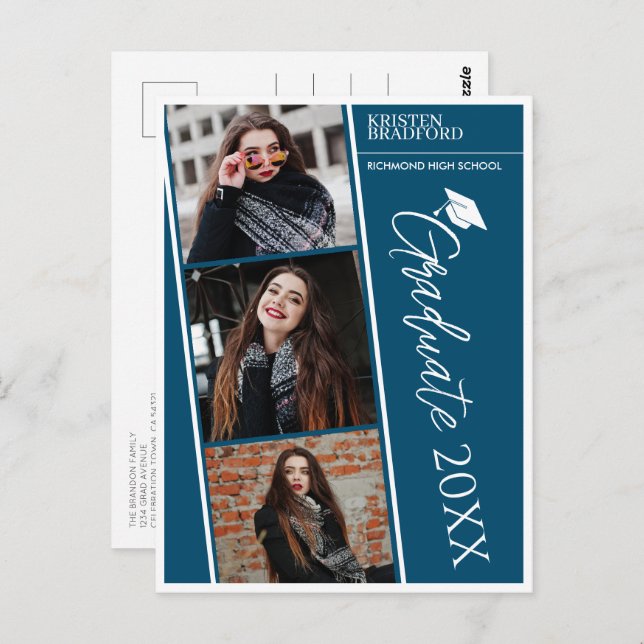 Postal Anuncio de graduación azul de tiras de foto modern (Anverso / Reverso)