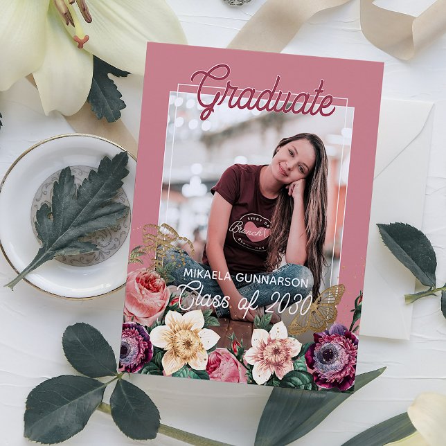 Postal Anuncio de graduación boho floral rosa sonrojo (Subido por el creador)