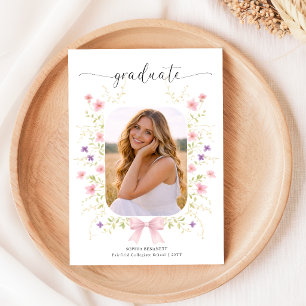 Postal Anuncio de Graduación con Foto Floral de Lazo Rosa