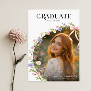 Postal Anuncio de graduación con foto y lazo rosa de flor