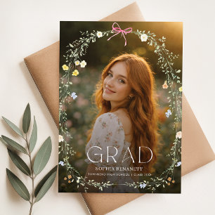 Postal Anuncio de graduación con lazo floral de foto eleg