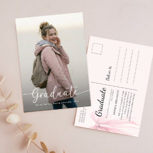 Postal Anuncio de graduación con lazo rosa para foto eleg