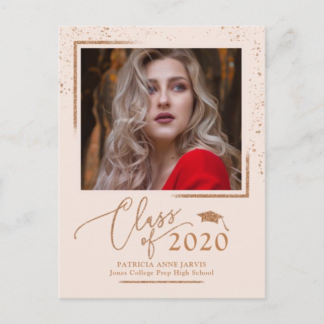 Postal Anuncio de graduación con letra Chic rosa dorado c (Anverso)