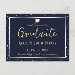 Postal Anuncio de graduación elegante azul y dorado