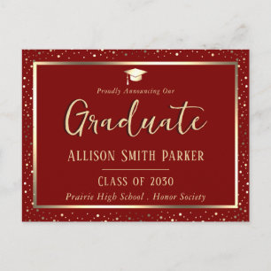 Postal Anuncio de graduación elegante granate y dorado