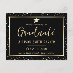 Postal Anuncio de graduación elegante negro y dorado