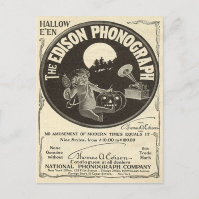 Postal Anuncio de Halloween de Fonógrafo Edison Jack O La (Anverso)