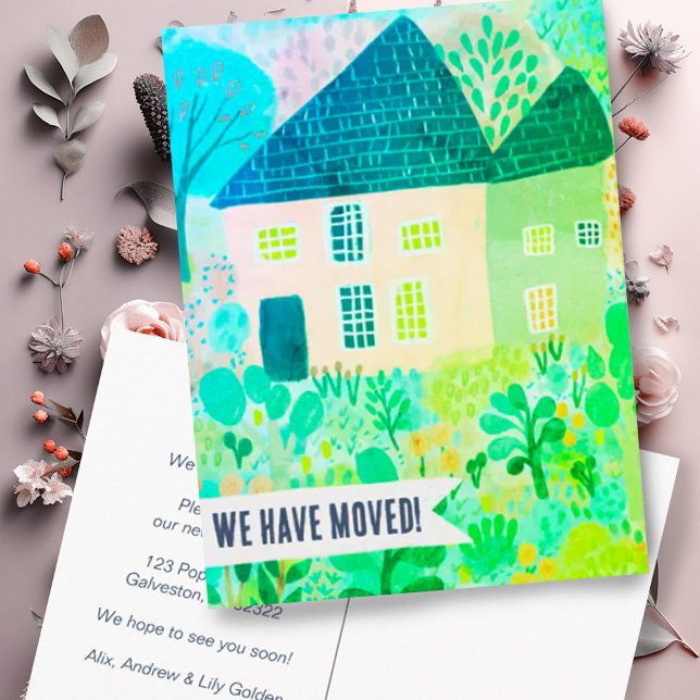 Postal Anuncio de Mudanza a Nueva Casa Cambiar Dirección  (Moving announcement address change postcard with watercolor house and garden. Customize it!)