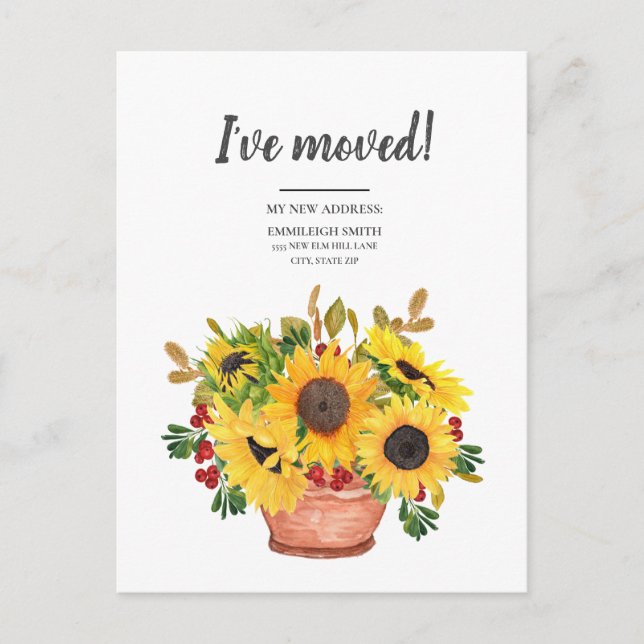 Postal Anuncio de Mudanza Amarillo Girasol Bayas Rojas (Anverso)