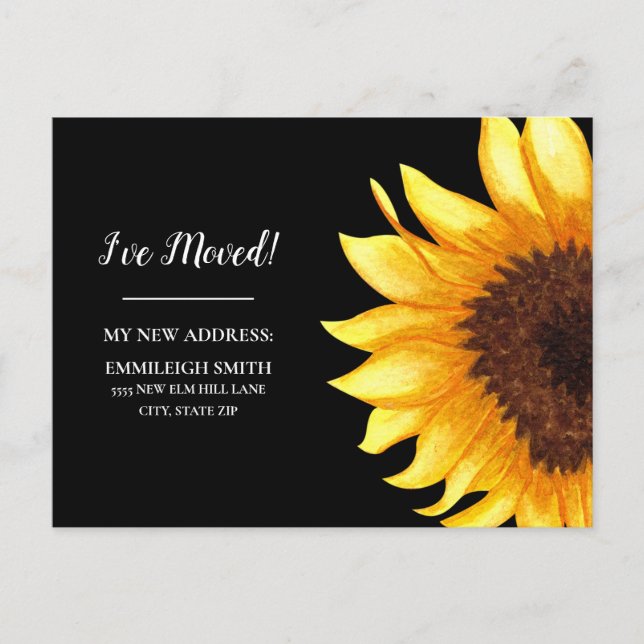Postal Anuncio de Mudanza Amarillo Girasol Negro (Anverso)