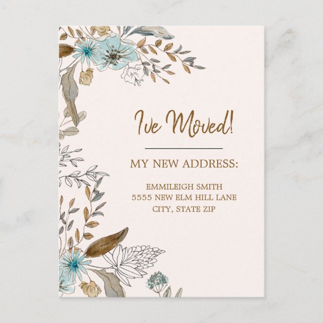 Postal Anuncio de Mudanza Azul Marrón Floral Hojas (Anverso)