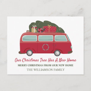 Postal Anuncio de mudanza de Navidad   Camper y árbol
