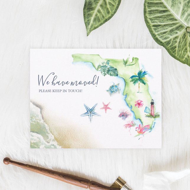 Postal Anuncio de Mudanza del Estado de Florida a Nueva C (Custom Florida moving announcement cards feature unique watercolor art by Victoria Grigaliunas)