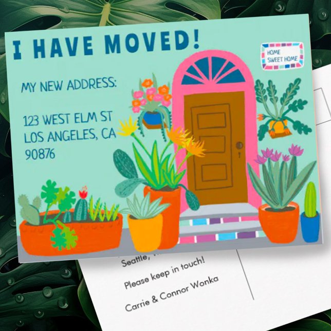 Postal Anuncio de Mudanza Dirección Puerta Delantera Colo (Bright colorful front door decorates this custom address change new house postcard)
