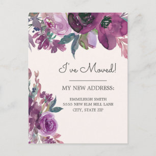 Postal Anuncio de Mudanza Floral Acuarela Morada Crema