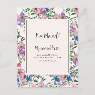 Postal Anuncio de Mudanza Floral Acuarela Rosa Púrpura