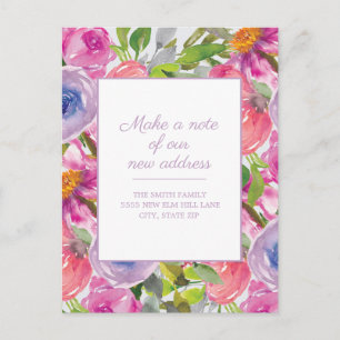 Postal Anuncio de Mudanza Floral Acuarela Rosa Purpura