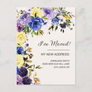 Postal Anuncio de Mudanza Floral Amarillo Púrpura