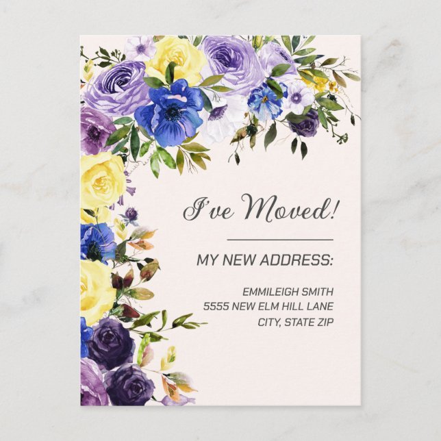 Postal Anuncio de Mudanza Floral Amarillo Púrpura (Anverso)