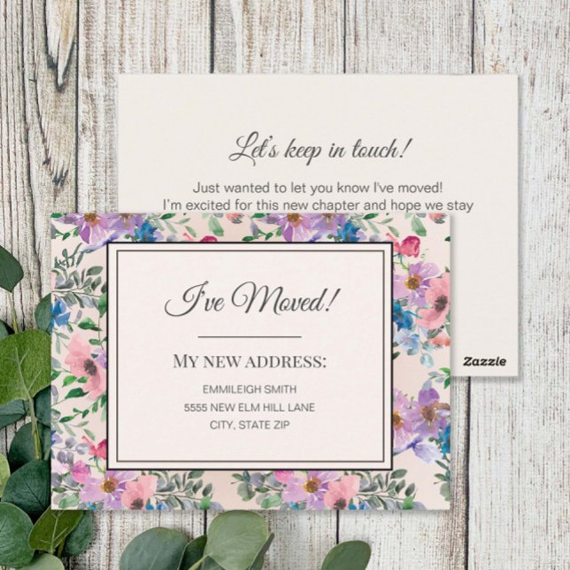 Postal Anuncio de Mudanza Flores Acuarela Rosa Púrpura (Purple and pink watercolor floral change of address card)